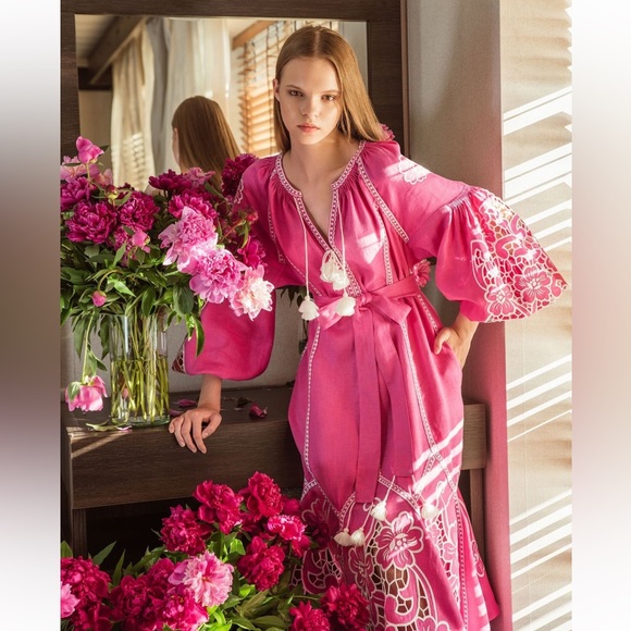 March 11 Dragon Flower Fuchsia Linen Dress Size XS - Picture 6 of 8